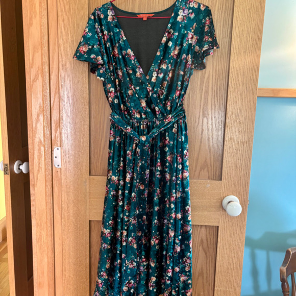 ModCloth Timeless Embrace Teal Floral Velvet Faux Wrap Dress Large - Picture 2 of 7